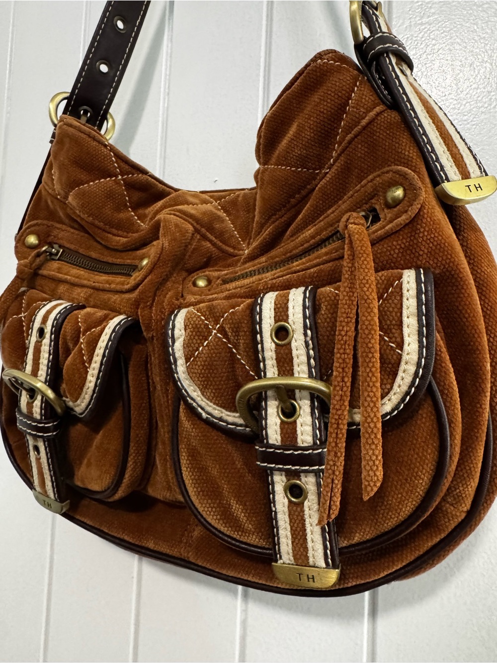 Y2K Tommy Hilfiger Brown Velvet Quilted Shoulder Bag with Dark Brown Strap - Picture 5 of 5